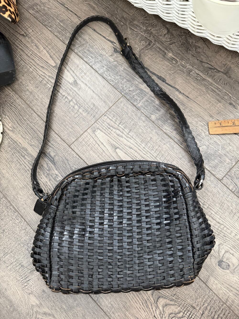 Vintage Talbots Crossbody Bag Black Leather Woven Braided Strap Casual Party
